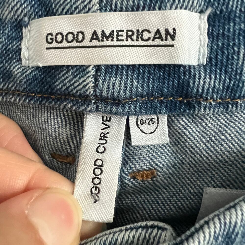 Good American Good Curve Straight Distressed Ripped Knee Med-Blue Wash Jean 25 - Picture 5 of 7